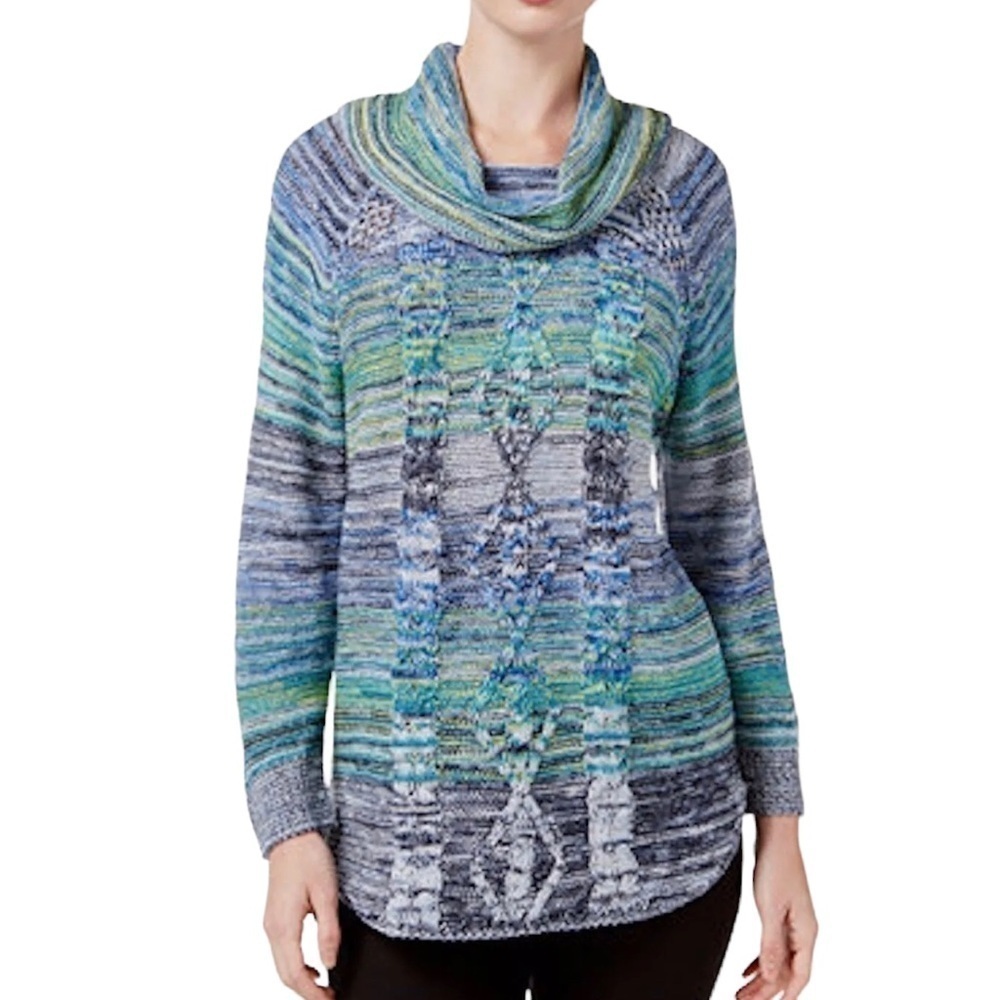JohnPaulRichard Blue and Green Marled Cowl Neck Long Sleeve Sweater